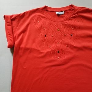 VTG jewel bedazzled & embossed bright red tee